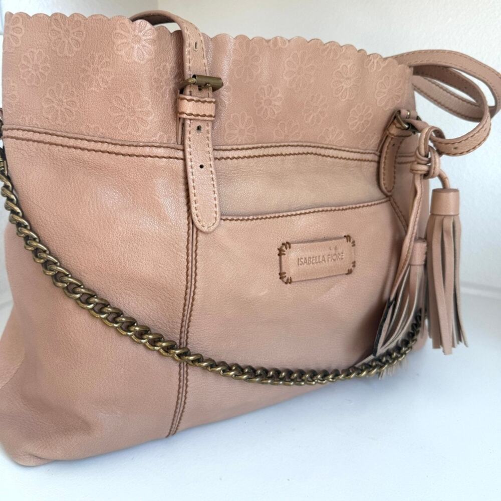 ISABELLA FIORE Leather Tote Shoulder Bag Pink Chain Strap Tassel Boho Large